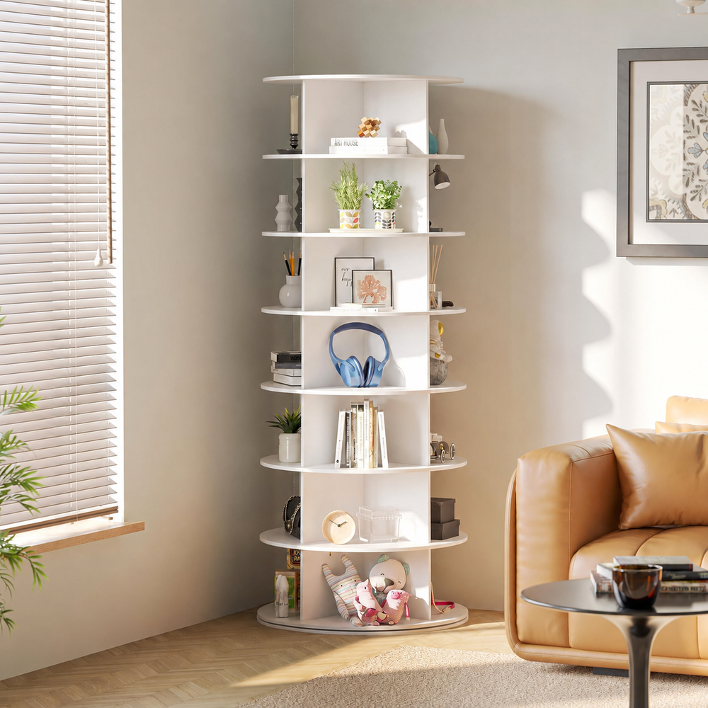 Rotating shoe tower in a bright room