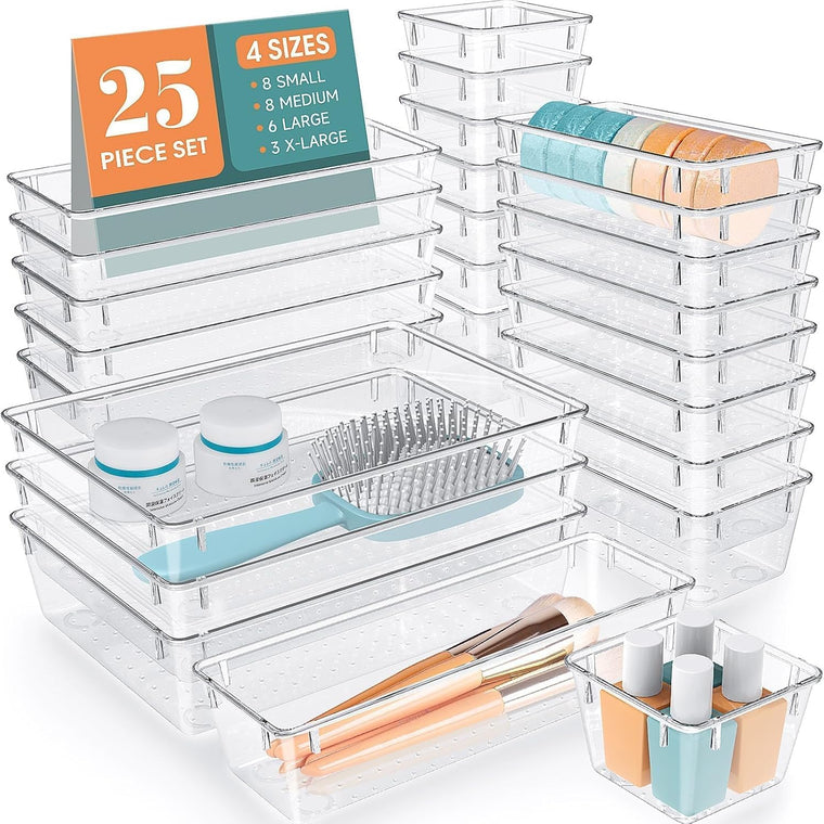 25-Piece Clear Drawer Organizer Bin Set