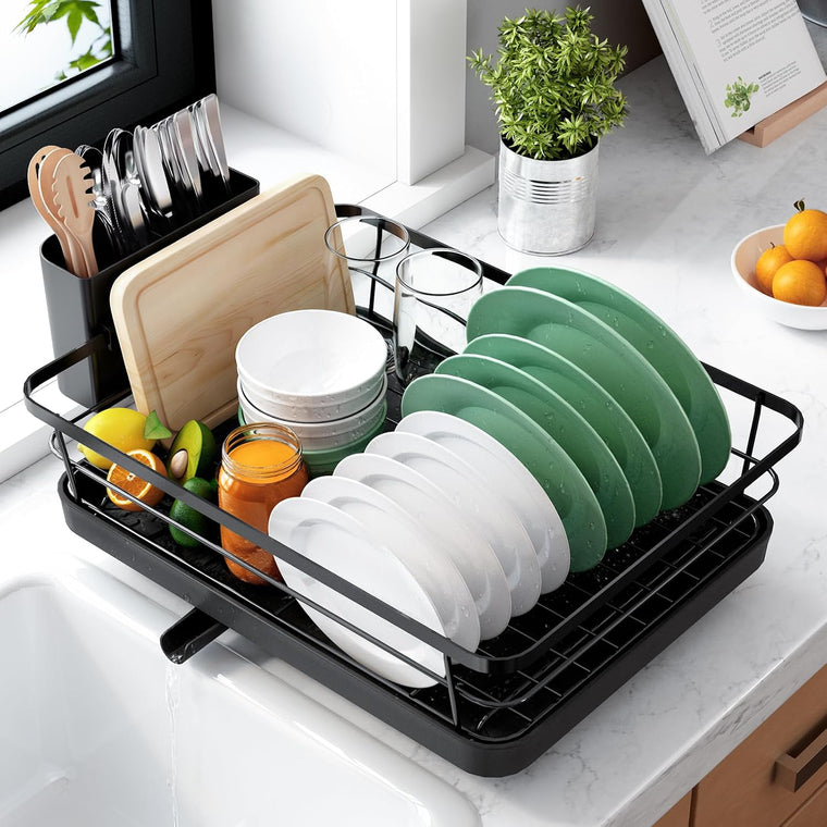 Compact Dish Drying Rack with Cutlery Holder