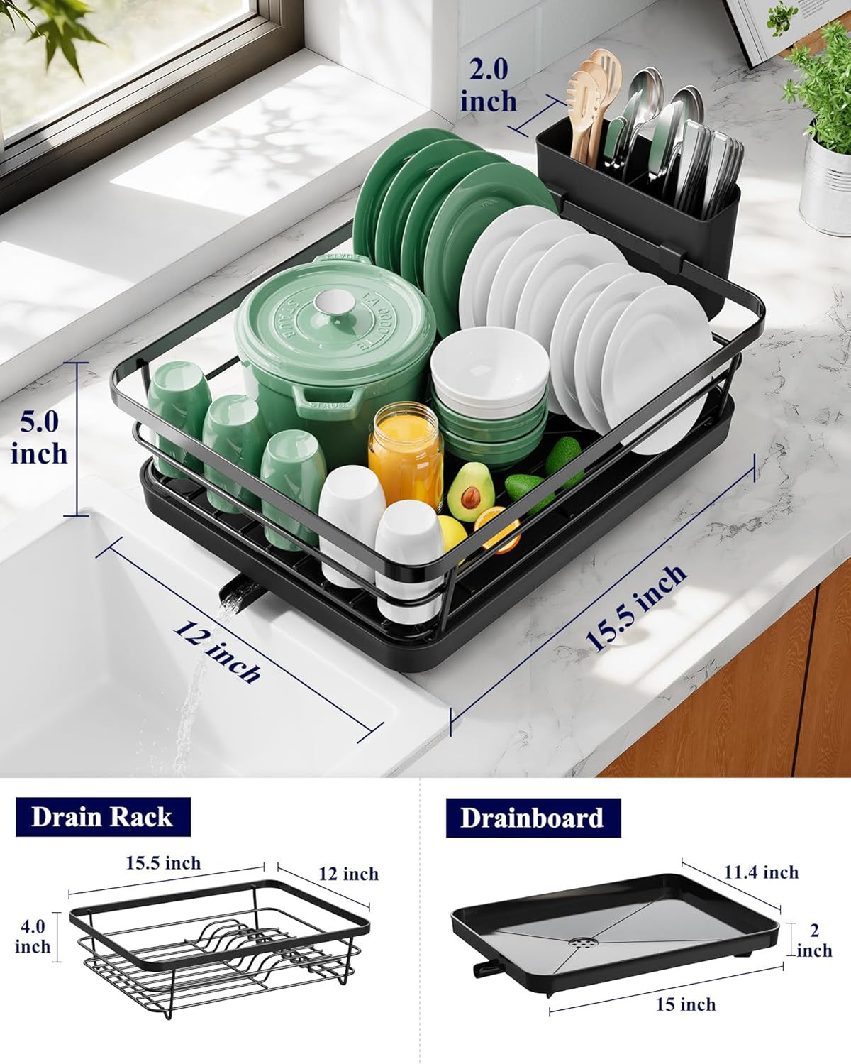 Compact Dish Drying Rack with Cutlery Holder - product photograph 5