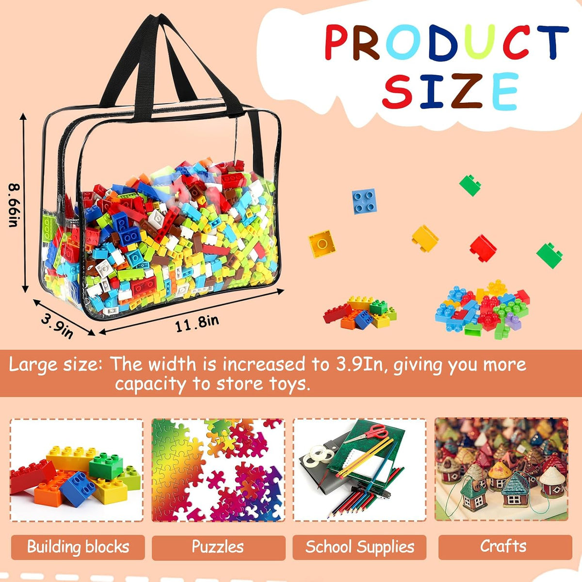 Large Clear Toy Storage Bags with Labels - 6 Pack - product photograph 2