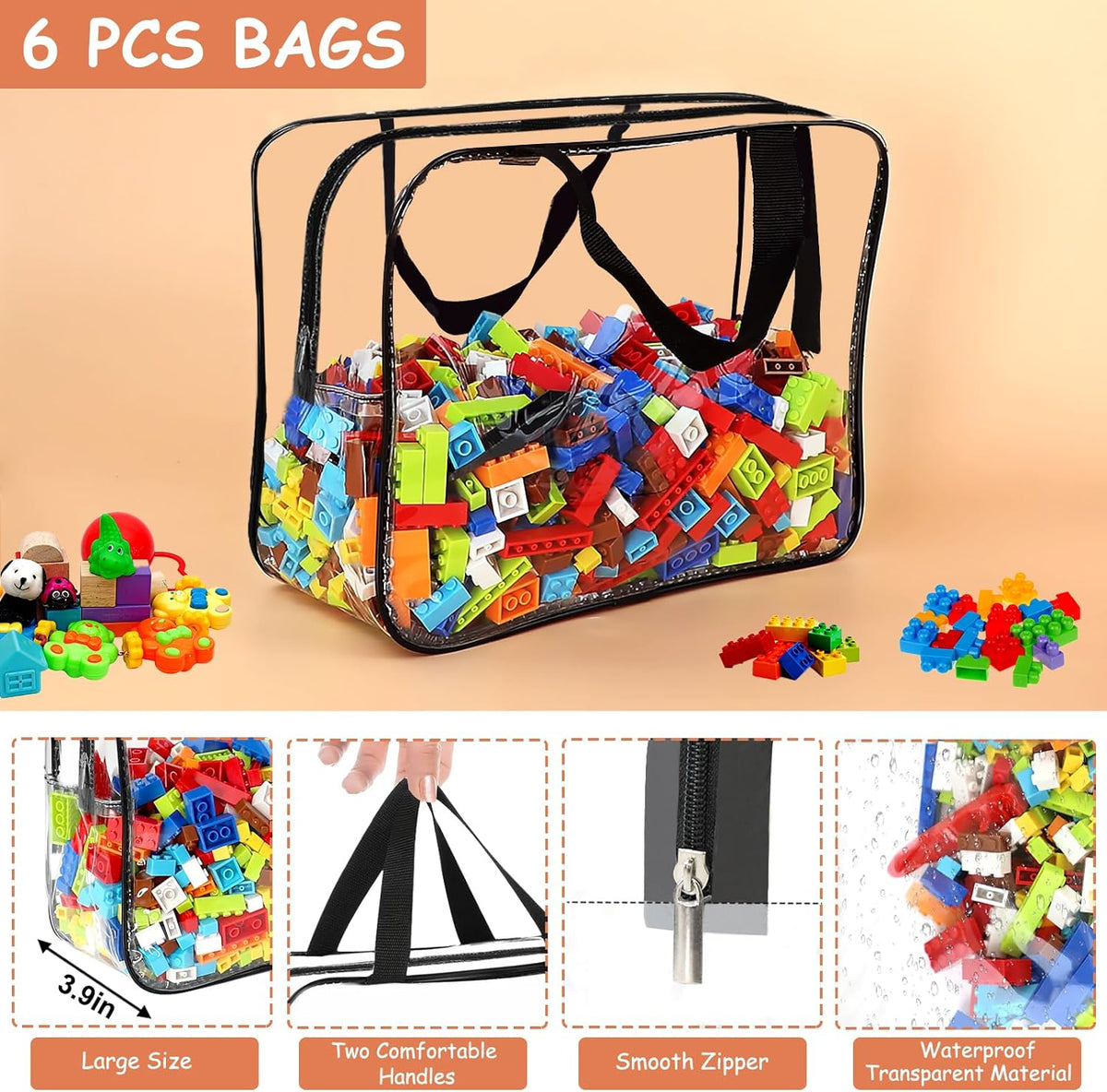 Large Clear Toy Storage Bags with Labels - 6 Pack - product photograph 3