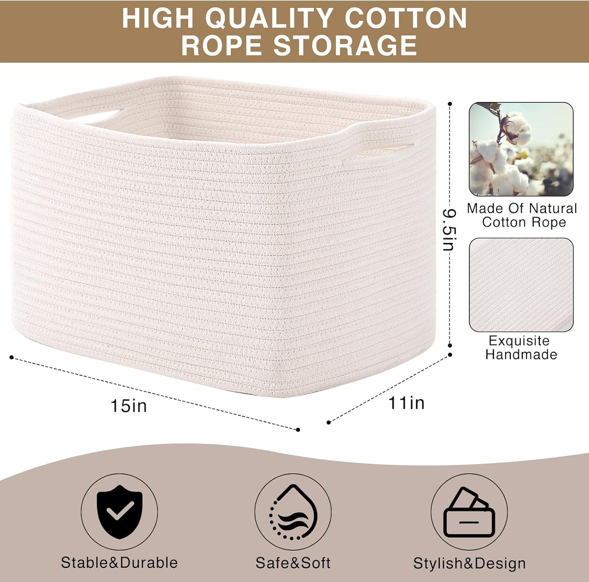 Woven Cotton Rope Storage Baskets - 3 Pack - product photograph 3