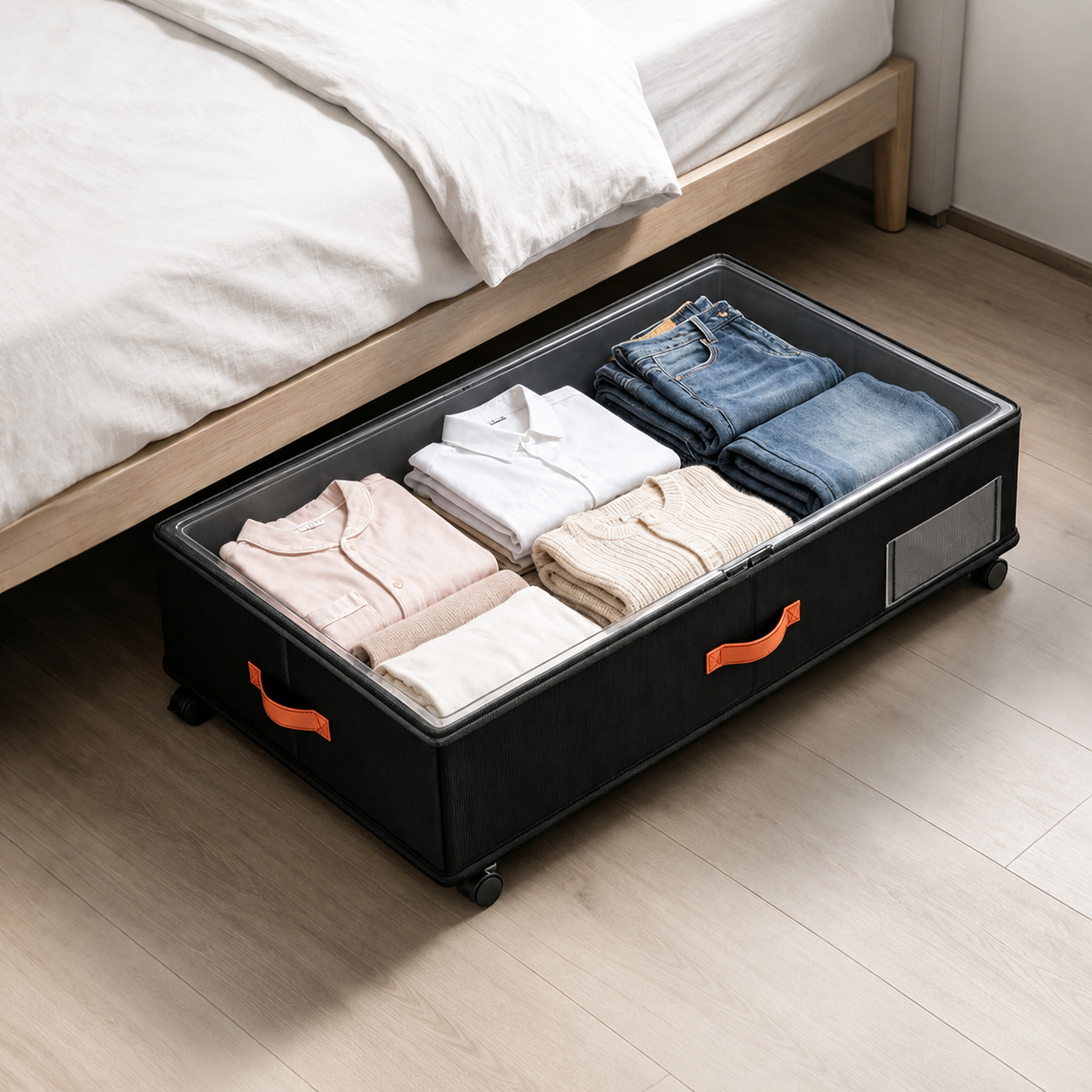 Rolling organizers stored beneath a bed