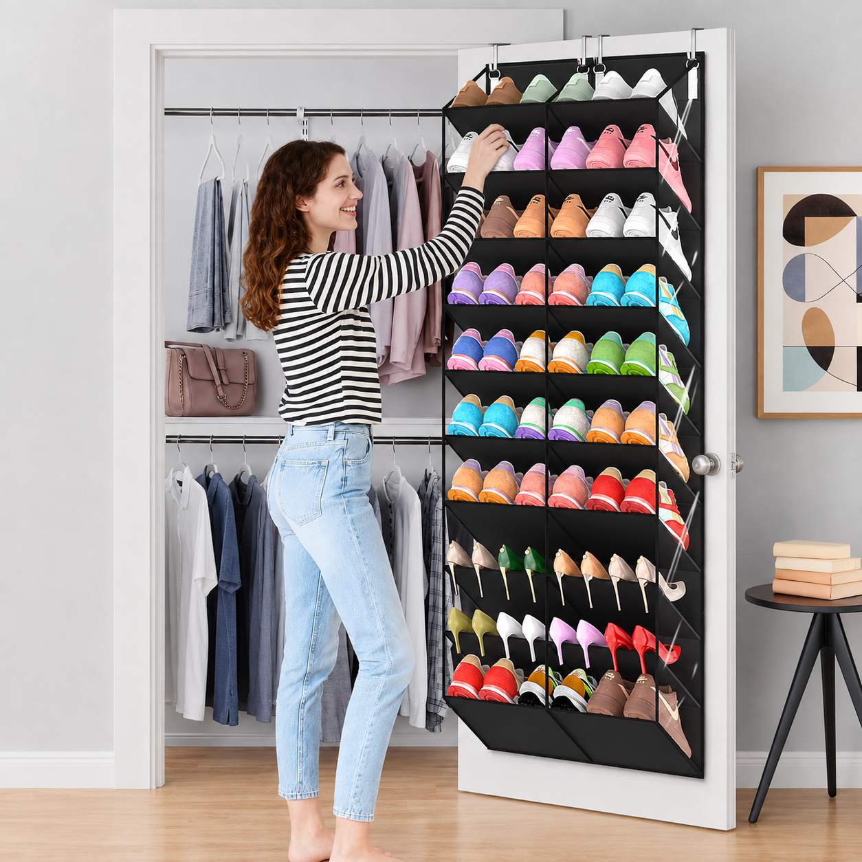 Over-door shoe storage in an organized closet