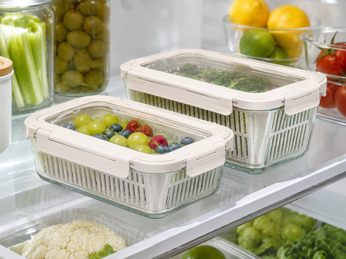 Produce containers arranged in a refrigerator